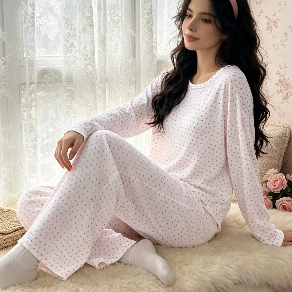 ZARA Women Polka Dot Jacquard Pajama Set Long Sleeve Round Neck Pants
